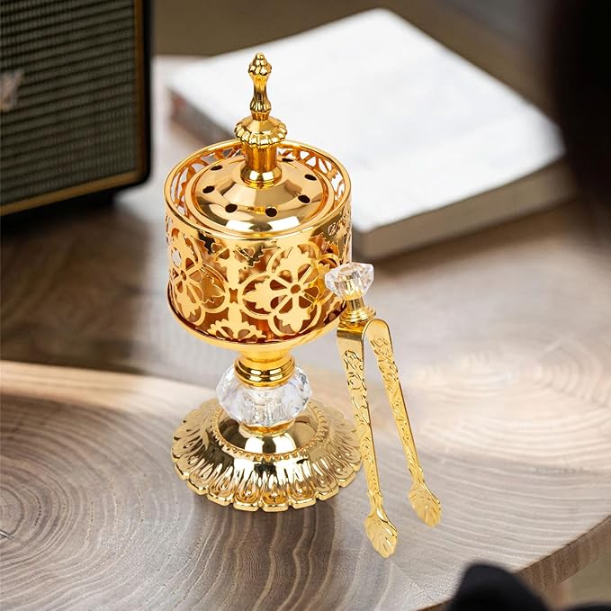 4 pcs Golden Incense Tongs, Vintage Charcoal Tongs with Floral Engraved Handle, Metal Incense Burner Clamp, Design Home Incense Clip, 4.32 inches