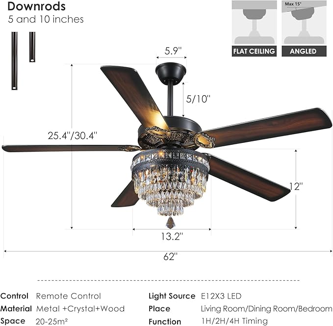 62" Black Crystal Chandelier Ceiling Fans with Lights and Remote Control | Classical Design,6 Reversible Speeds,30W Quiet DC Motor,5 Wooden Blades,3*E12 LED Bulbs Included,for Living Room Bedroom