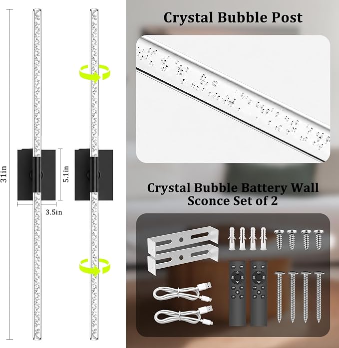iThird Crystal Bubble Wall Sconces Set of 2: 10000mAh Rechargeable Wireless Lights with Remote & 360° Rotate, 4 Color Temps Dimmable, 31.5" Wall Lamp for Bedroom Living Room Mirror, Black