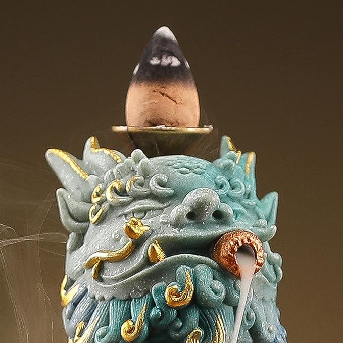 Backflow Incense Burner - Resin Tabletop Incense Holder for Cones, Fortune Dragon Statue Home Decor, Desktop Aromatherapy Ornament with Smoke Waterfall Effect for Living Room