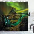 Ambesonne Aurora Borealis Shower Curtain, Pale Weather Over The Hills Waterfall Creek Nature Landscape, Cloth Fabric Bathroom Decor Set with Hooks, 69" W x 84" L, Fern and Olive Green