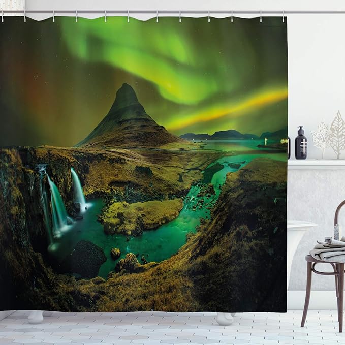 Ambesonne Aurora Borealis Shower Curtain, Pale Weather Over The Hills Waterfall Creek Nature Landscape, Cloth Fabric Bathroom Decor Set with Hooks, 69" W x 70" L, Fern and Olive Green