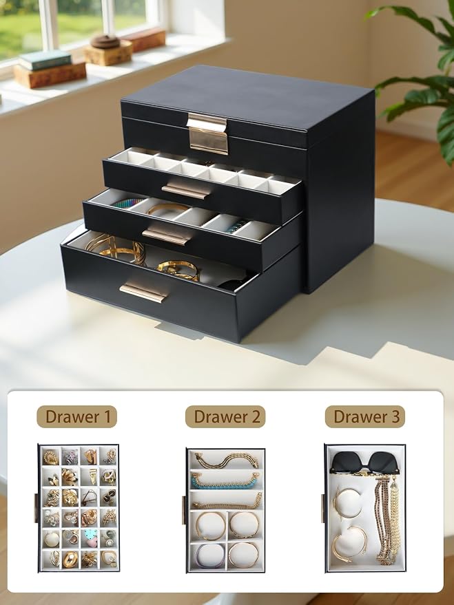 BOOVO Jewelry Boxes for Women, White and Black 6 Layer Large Jewelry Box for Necklace, Bracelet, Earrings, Rings Storage, Jewelry holder Organizer for Girls Gift (Black, 5 Layer)