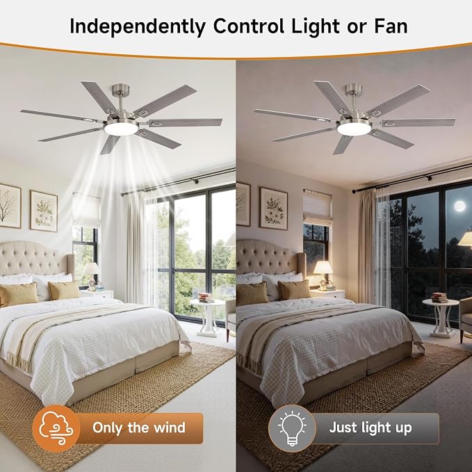 64 Inch Ceiling Fans with Lights and Remote, Bedroom Living Room Office Library Cafe Outdoor Industrial, 5CCT Dimmable, Dual Color 7 Blades, 6 Speed Reversible Quiet DC Motor, Sand-nickel/Wood Grain