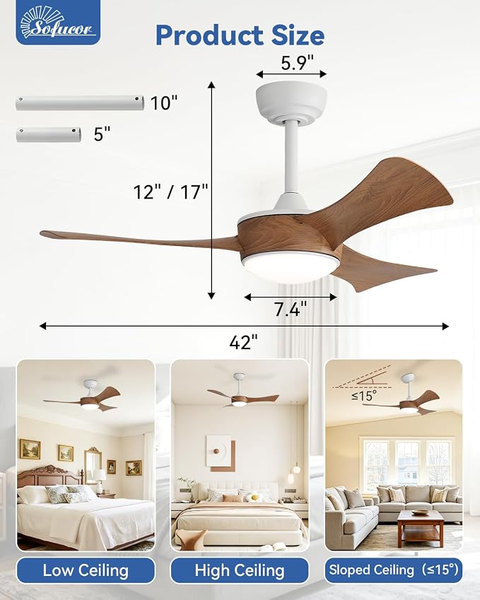 Sofucor 42 Inch Ceiling Fans with Lights-Modern Small Bedroom Ceiling Fan with Remote Control, Plug-in Blades Quick Install,Reversible Quiet DC Motor,Outdoor Ceiling Fan for Kitchen/Living Room/Patios