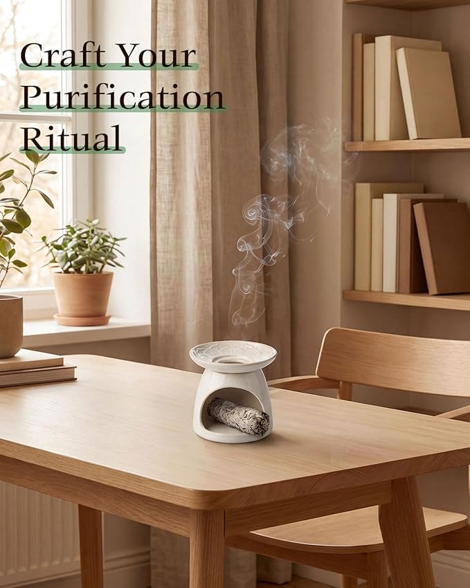 Palo Santo Holder Incense Burner for Sage, Ceramic Incense Holder for Sticks & Cones, 3-in-1 Chimney Burner with Detachable Lotus Stick Tray, Meditation Home Decor Gift