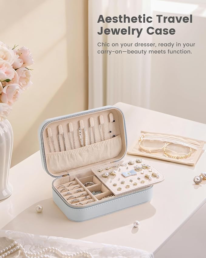 Lolalet Travel Jewelry Case for Women Girls, PU Leather Jewelry Organizer with Clear Storage Bag Small Portable Jewelry Box for Necklace Bracelet Earring Ring Birthday Bridesmaid Gifts -Medium/Blue