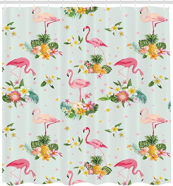 Ambesonne Flamingo Shower Curtain, Flamingo Bird Tropical Flowers Fruits Pineapples Vintage Style Artwork, Cloth Fabric Bathroom Decor Set with Hooks, 69" W x 75" L, Yellow Pink