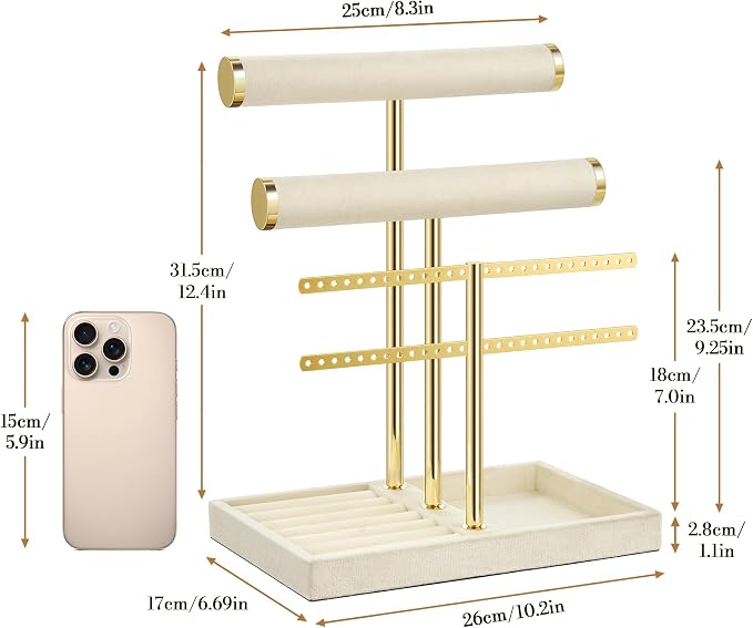 Jewelry Organizer Stand for Necklaces, Bracelets, Earrings, Rings, Beige | 3 Tier Velvet Bracelet Holder Display | Jewelry Organizers and Storage | Jewelry Tree | Jewelry Towers