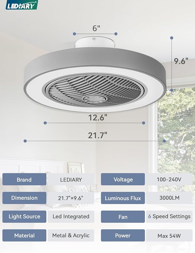 LEDIARY 22in Enclosed Ceiling Fan with Light and Remote, Grey Modern Bladeless Ceiling Fan with Bright Light, Led Flush Mount Ceiling Fans for Bedroom, Living Room, Kid Room(6 Speeds, 3000-6000K)