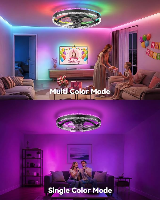 RGB Low Profile Ceiling Fan with Lights,RGB Ceiling Fans with Lights and Remote, 3000-6500K Dimmable Modern Flush Mount LED Fan Lights, 6 Wind Speeds Ceiling Fans for Bedroom