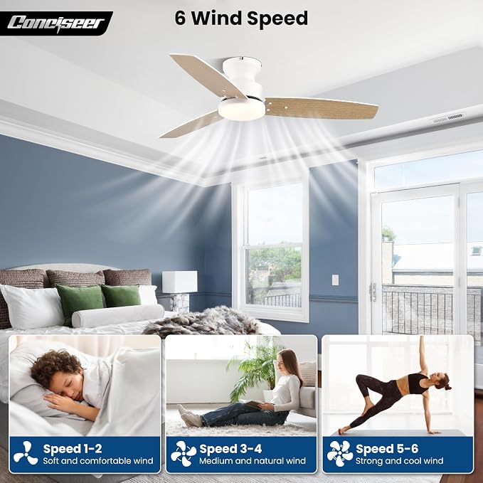 Modern Ceiling Fans with Lights, 42 Inch Ceiling Fan with Light and Remote, Bedroom Living Room Office Outdoor, Flush Mount,18W 6CCT 3 Blades 6 Speed Reversible Quiet DC Motor, White/Wood Grain