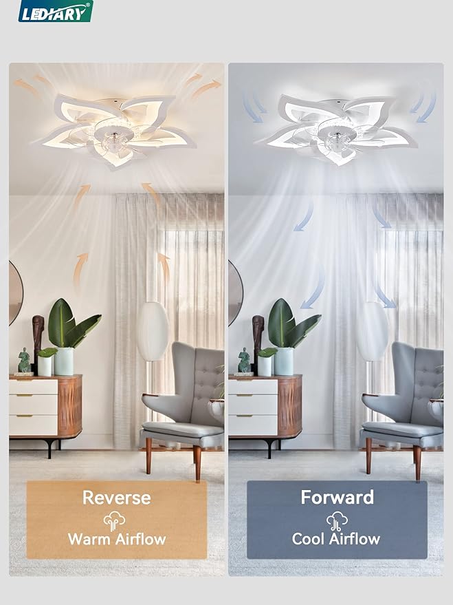 LEDIARY Flower Ceiling Fans with Lights, Small 27 Inch Modern Low Profile Ceiling Fan, Dimmable LED Ceiling Light Fixture, Flush Mount Ceiling Fans with Remote for Bedroom, Kitchen, Indoor-White