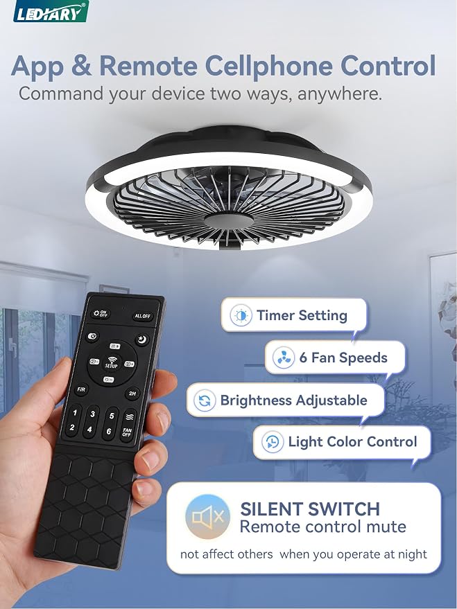 LEDIARY 20" Bladeless Ceiling Fan with Light,Low Profile LED Ceiling Fans with Remote & Smart APP Control,Modern Enclosed Flush Mount Fandelier with Timming,6 Speed,3000-6000K,Bedroom,Kids Room-Black