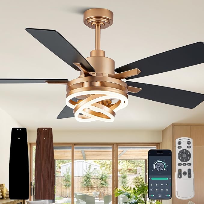 52" Black and Gold Modern Chandelier Fandelier Ceiling Fan with Light | DC motor, reversible, dimmable, 3 adjustable rings for DIY shape; recommended for bedroom, living room, and indoor use.