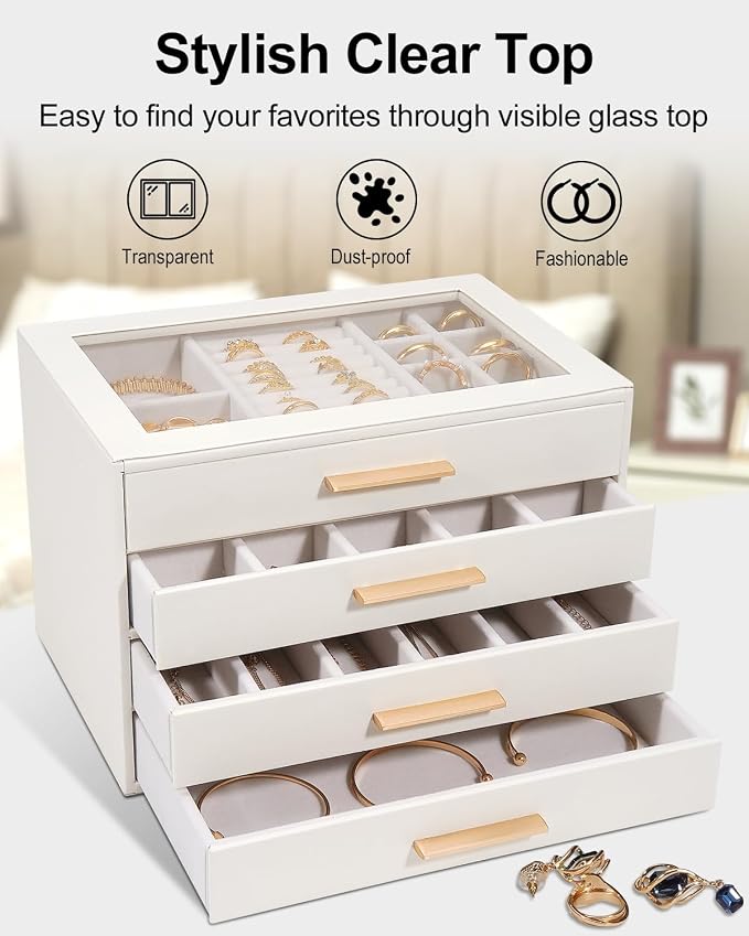 GUOER Jewelry Box for Women 4 Layers, Glass Lid Jewelry Organizer with 4 Drawers Cloud White PU Jewelry Storage Case for Necklaces Rings Earrings Bracelets Mother's Day