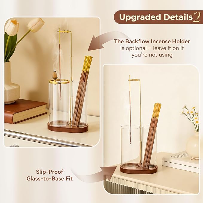 3 in 1 Incense Holder for Sticks Upside Down Anti-Ash Incense Burner with Glass Ash Catcher Backflow Cone Incense Diffuser with Adjustable Threaded Mounting for Mediation Yoga Spa Gifts Home Decor