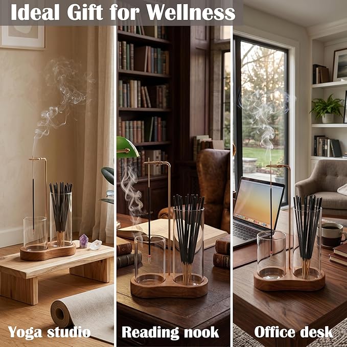 2 in 1 Incense Holder for Sticks with Glass Ash Catcher - Upside Down Anti-Ash Flying Incense Burner & Stick Storage Organizer, Ideal for Meditation, Yoga, Zen Home Decor, Spa Relaxation Gift