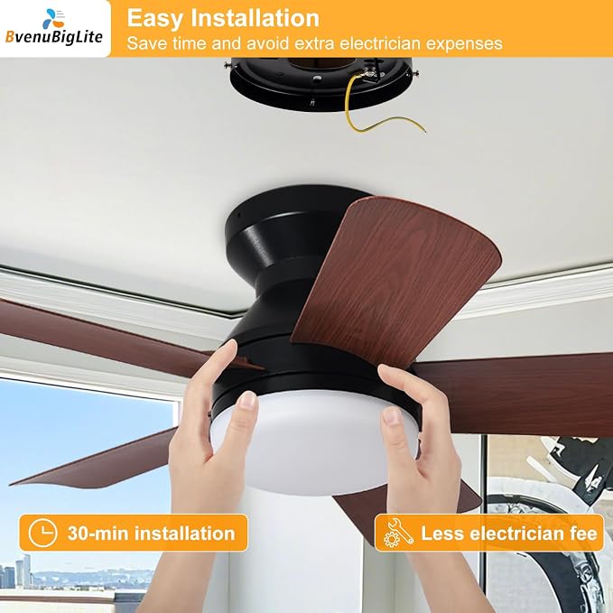 Ceiling fans with lights and Remote: 25 Inch Ceiling Fan with Light Low Profile - Flush Mount Ceiling Fan 5 Blades Reversible 3CCT Dimmable Noiseless for Bedroom (Black& Walnut)