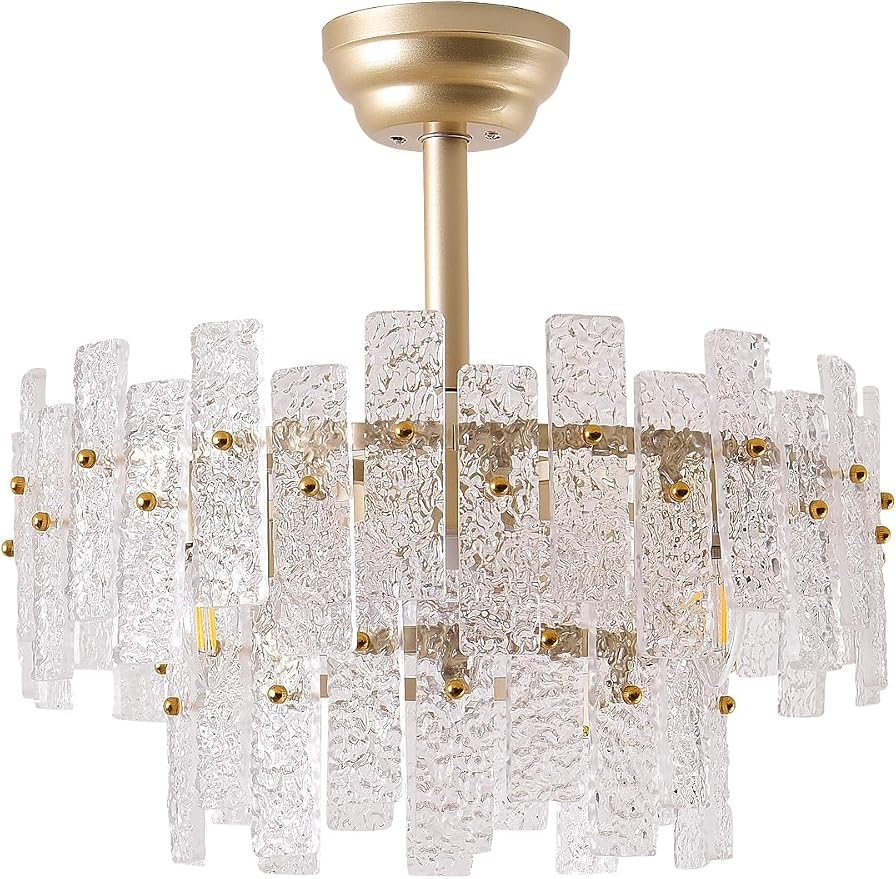 20" Gold Fandelier Ceiling Fan with Light,Gold Crystal Chandelier Ceiling Fans with Lights and Remote Control,Mid-Century Modern Caged with 6 Speeds for Living Room Bedroom Nursery