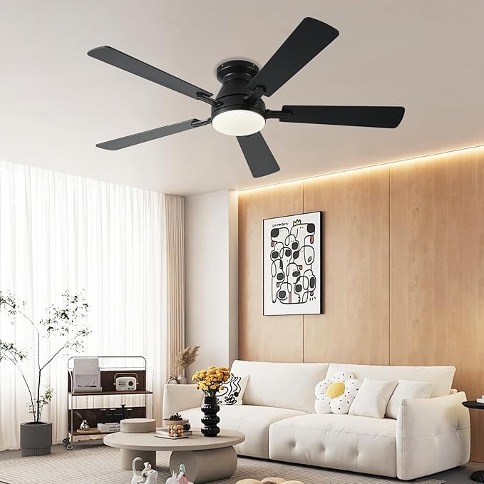 Ayaoty 54 inch Ceiling Fans with Lights and Remote, Low Profile Ceiling Fan with Light, Flush Mount, Reversible, 3CCT, Dimmable, Noiseless, White Ceiling Fan for Bedroom, Indoor/Outdoor Use