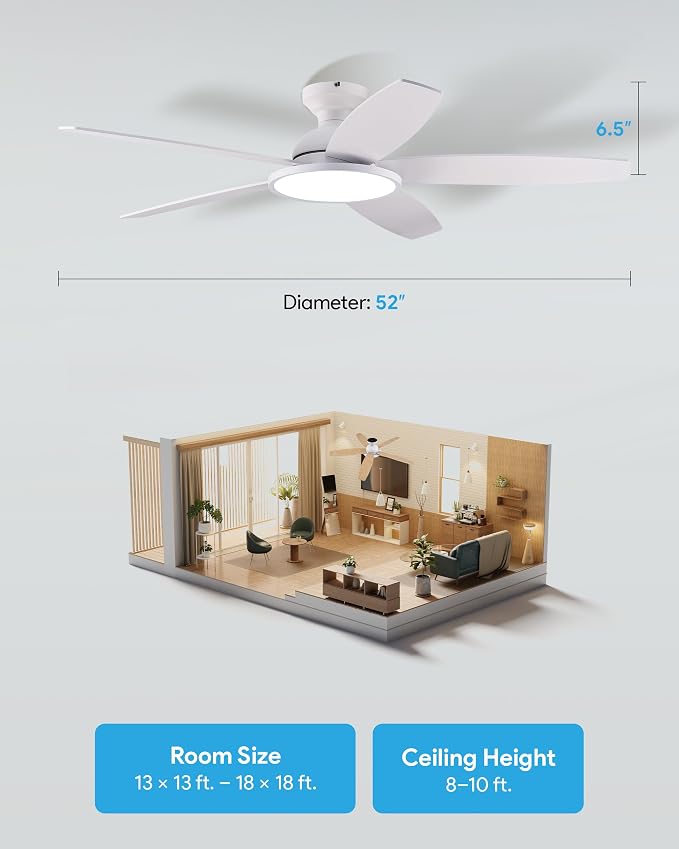 VONLUCE Ceiling Fans with Lights, 52 Inch Ceiling Fan and Remote, Full-spectrum LED Light, 3CCT, 6-Speeds Noiseless Reversible DC Motor, Modern Ceiling Fan for Farmhouse Bedroom Indoor, White