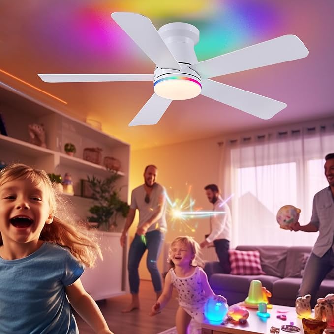 Hounberi 46 Inch Flush Mount Ceiling Fan with RGB Light and Remote, Modern White Low Profile Ceiling Fan for Low Ceilings, 3CCT Dimmable LED, 6 Speeds Quiet Reversible Motor for Bedroom & Living Room