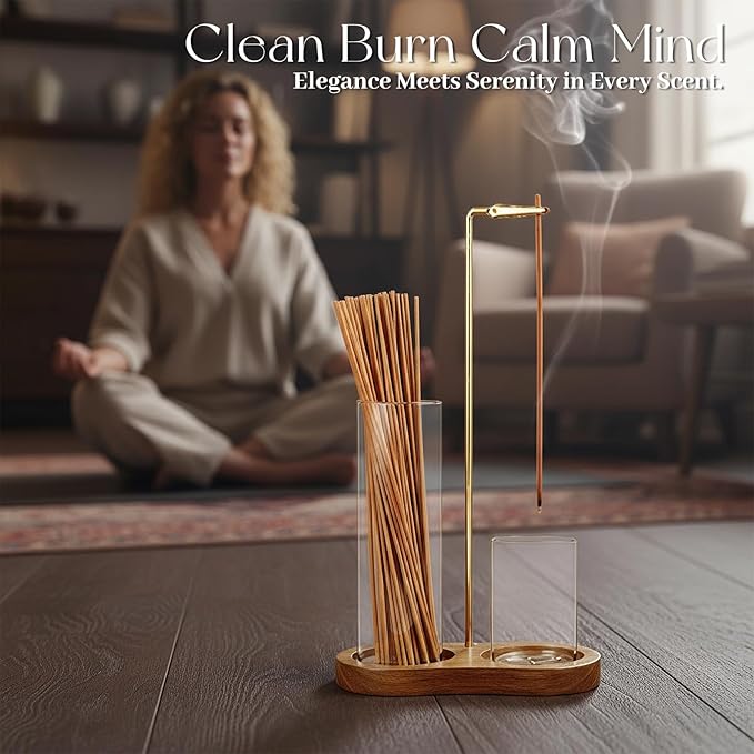2-in-1 Incense Stick Holder with Glass Ash Catcher, Dual Glass Cups & Metal Clip, Minimalist 8-Shaped Wooden Base, Home Decor Gift (Dark Base)