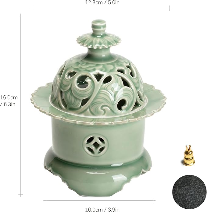 Hermit Life Three-Legged Incense Burner (Celadon), Porcelain Incense Holder with Lotus-Shaped Lid, Green