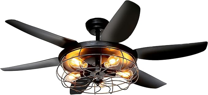 Ohniyou 52'' Rustic Farmhouse Ceiling Fan with Lights and Remote | Caged Light Fixture, E26 Bulbs Socket, Industrial Covered Outdoor Fans for Patio, Living Room, Dining Room, Bedroom, Black