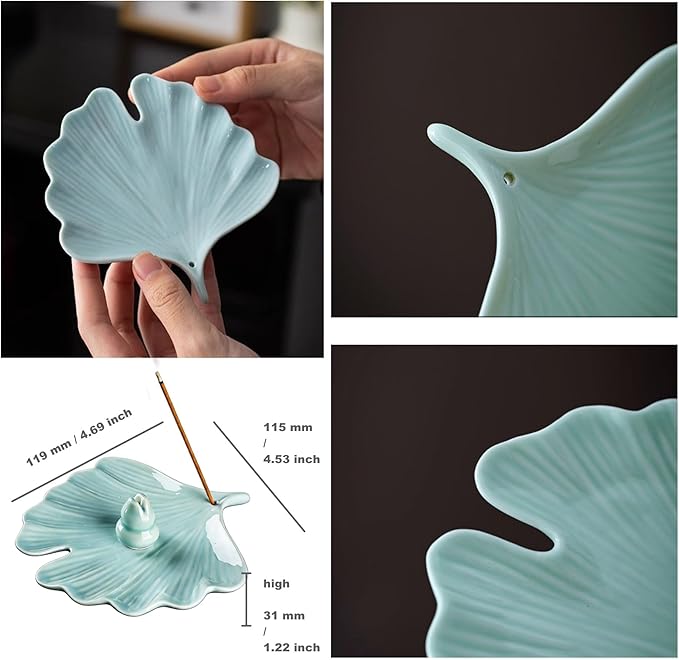 Ceramic Incense Holder,Incense Burner Tray for Sticks,Coil,Cone,Handcrafted Burner Ash Catcher for Yoga Meditation Energy Cleansing Room Décor (Celadon, Ginkgo Leaf & Gourd)