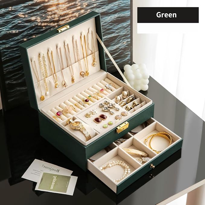 GUOER Jewelry Box for Women Girl Wife - Large PU Leather Jewelry Organizer Storage Case with Two Layers Display for Earrings Bracelets Rings Watches (Green) | Vintage Quilting Stitching PU Leather, Earrings Bracelets Rings Necklace Watches Storage Larg...