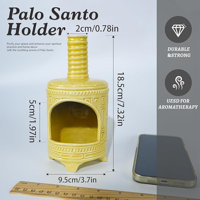 MOUGIGI Yellow Ceramic Palo Santo Burner Holder - Purpose for Palo Santo Sticks, Sage Smudge Sticks & Incense Cones Burning – Ideal for Energy Cleansing, Yoga, Meditation & with Unique Chimney Design