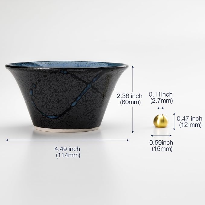 Asayu Japanese Incense Holder for Sticks 4.1 inch (105mm), Traditional Made in Japan Ceramic Ash Catcher and Brass Incense Burner Set - Black and Blue Cone