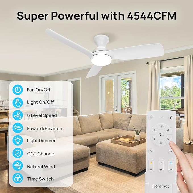 Consciot Ceiling Fan, 44 Inch Ceiling Fan With Lights Remote Control, White Low Profile Modern Flush Mount, Reversible Quiet DC Motor, 6 Speed, Dimmable, For Indoor and Covered Outdoor