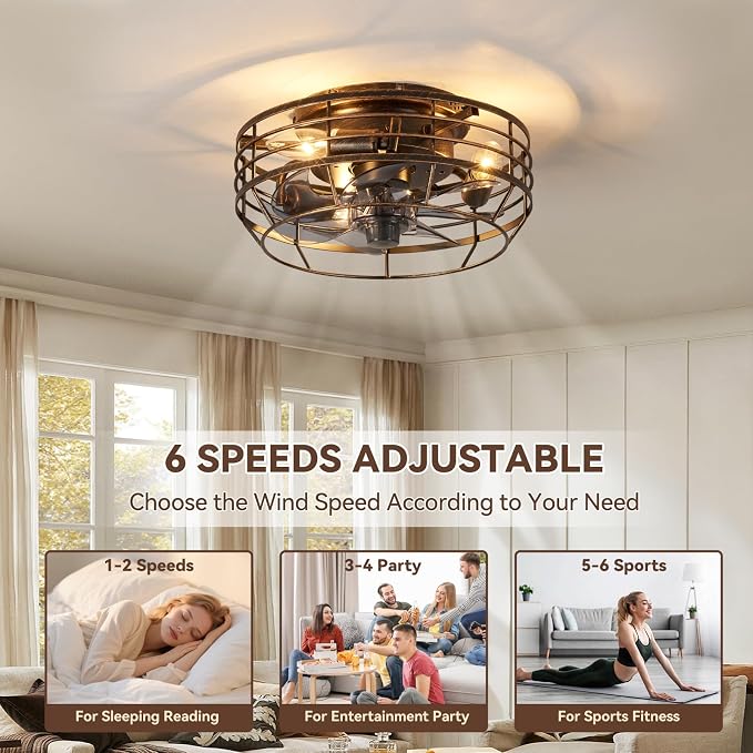 Farmhouse Caged Ceiling Fan with Light, Remote Control Flush Mount Fan Lights Ceiling Fixtures 12 In, 6 Speeds Bladeless Quiet Reversible Motor Indooor Lights for Living Room, Bedroom, Black and Gold