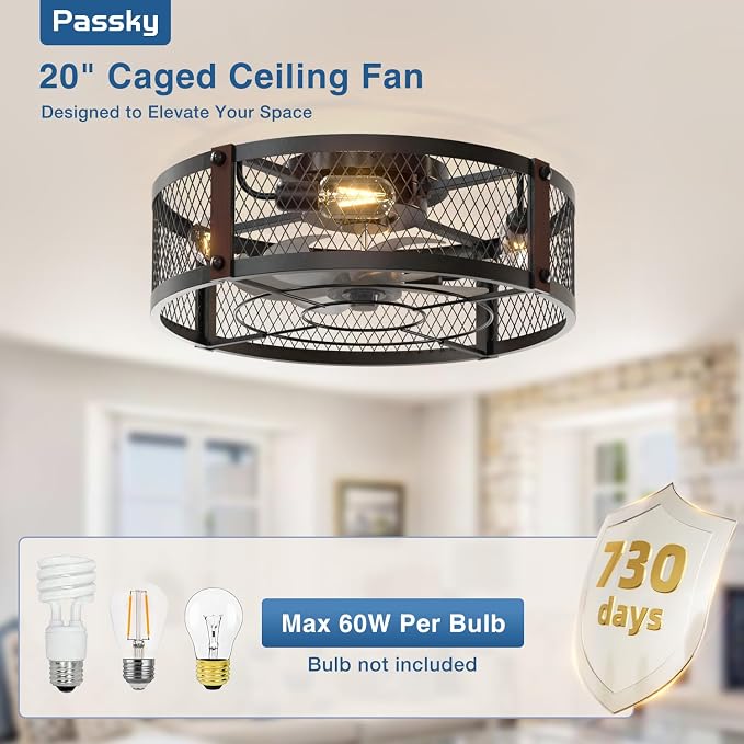 Passky 20" Farmhouse Flush Mount Ceiling Fans with Lights and Remote, Industrial Black Caged Low Profile Fandelier, 6 Speeds Bladeless Ceiling Fan for Bedroom, Kitchen, Living Room