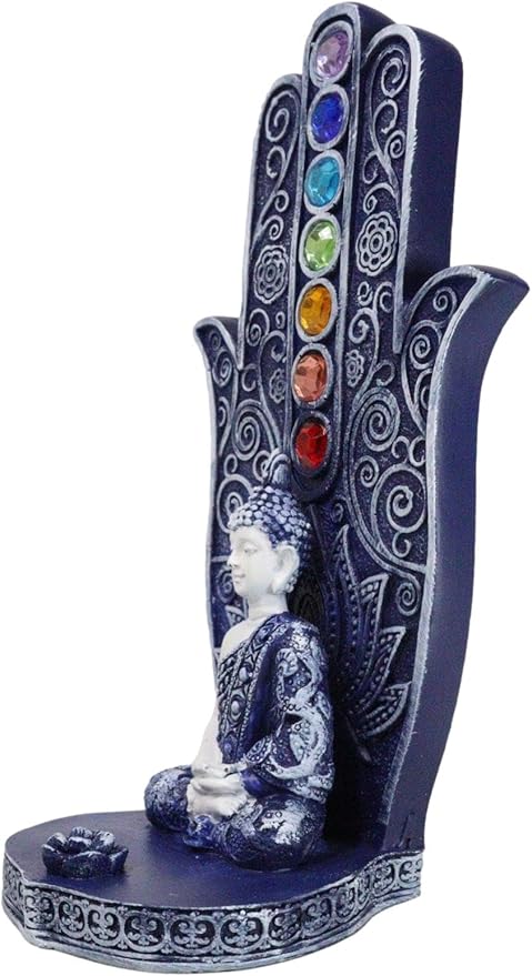 Ebros Gift Blue and White Nirvana Sacred Symbol Hamsa Palm with Buddha Gautama and Rainbow Chakra Stones Incense Stick Holder Burner Home Decor Figurine 6" H Zen Feng Shui Vastu Accent