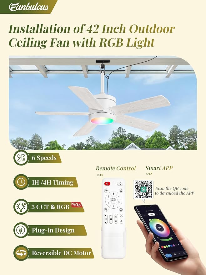 Fanbulous 42" Outdoor Ceiling Fans with Lights, APP Remote Control, IP65 Waterproof, RGB Dimmable Light, Plug in with 10FT Cord, 6-Speeds, 3CCT, Hook Hanging Fan for Gazebo Patio Porch Canopy(White)