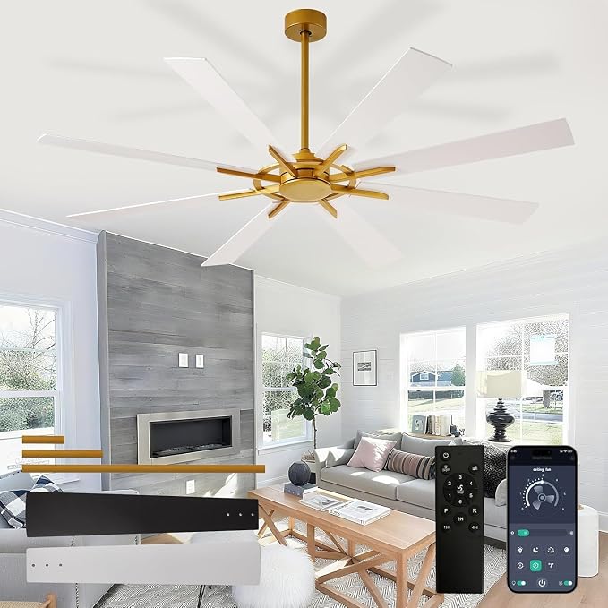 Ceiling Fan Without Light: 66 Inch Big Indoor Outdoor Fan with Remote APP Control - Brass White Large Ceiling Fan no Light 8 Blade Reversible Quiet DC Motor Memory Function Timer