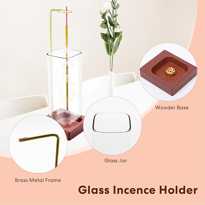 2 Pcs Glass Incense Holder for Sticks, Modern Incense Burner with Removable Glass Ash Catcher, Wood Incense Sticks Holder for Yoga Meditation Home Decor
