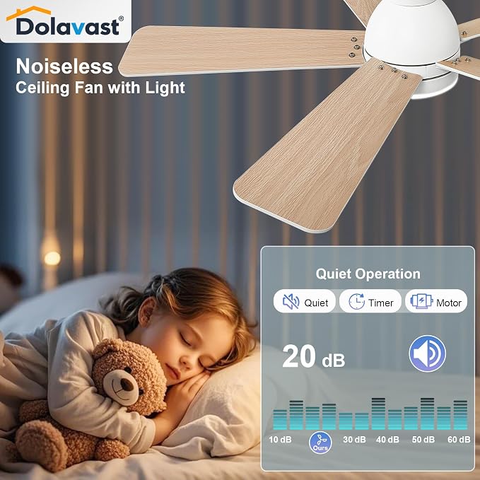 Ceiling Fans with Lights, 42 Inch Low Profile Ceiling Fan with Light and Remote Control, Flush Mount, Reversible, 3CCT, Dimmable LED, Quiet, White Ceiling Fan for Bedroom, Kitchen