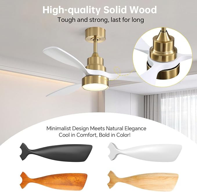 CACI Mall 48 inch Smart Ceiling Fans with Lights, Low Profile, Modern, Gold, 3 Blades, Solid Wood, Remote Control, Work with Alexa/Google, Outdoor Indoor Ceiling Fans for Patio Living Room Bedroom