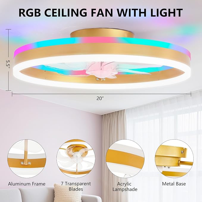 STERREN RGB Ceiling Fan with Light, 20'' Low Profile Ceiling Fans with Remote Control, Smart Gold Flush Mount LED Fan Light, Modern Bladeless Fandelier for Bedroom, Living Room, Kitchen
