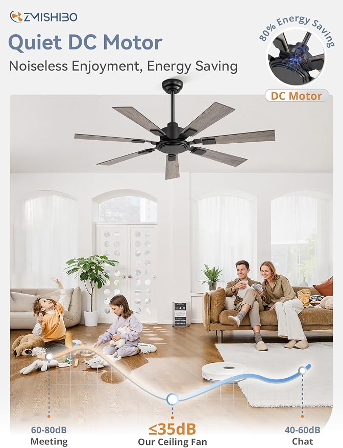 ZMISHIBO 52“ Ceiling Fans No Light with Remote, Black Modern Ceiling Fan Without Light, Quiet Reversible DC Motor, 6 Speeds, 7 Blades Indoor/Outdoor Ceiling Fan for Living Room Bedroom Patio Garage