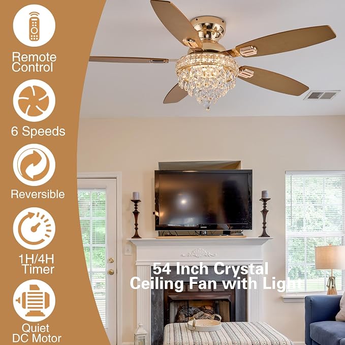 Crystal Ceiling Fan Fandelier with Lights-Ceiling Fans with Lights,54" Low Profile and Remote Control, Flush Mount, Reversible, Dimmable, Noiseless,Gold Ceiling Fan for Bedroom