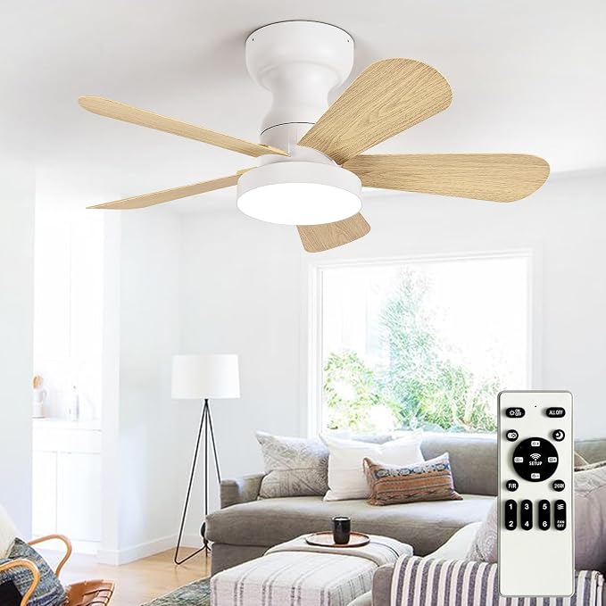 Depuley Small Ceiling Fan with Lights: 28-Inch Flush Mount Fan with Light and Remote - Low Profile Ceiling Fans Reversible Quiet DC Motor for Bedroom Living Room Indoor Outdoor, Wood Color