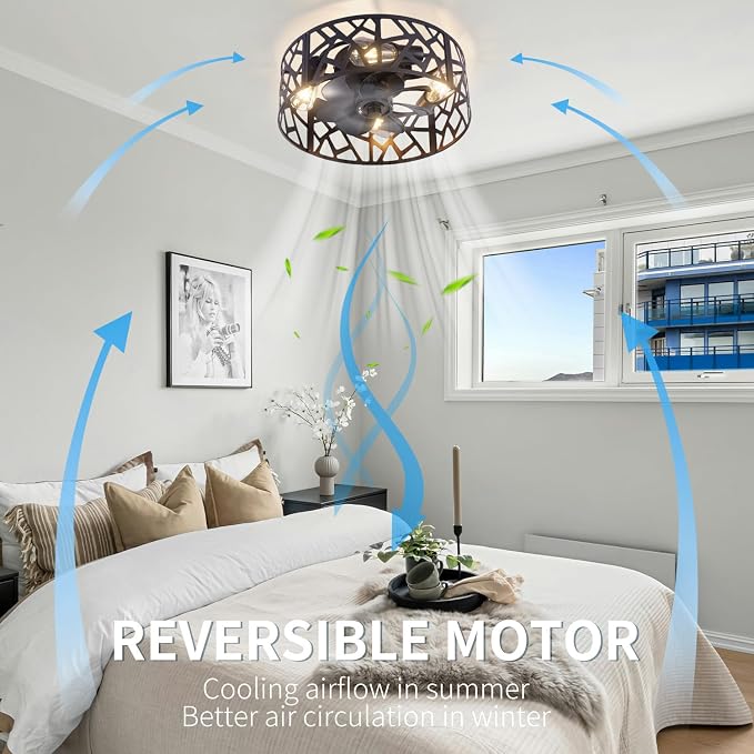 18 inch Caged Ceiling Fan with Light Vintage Black,Flush Mount Fandelier Ceiling Fan with Lights and Remote,Farmhouse Ceiling Fans for Bedroom, Kitchen, Living Room