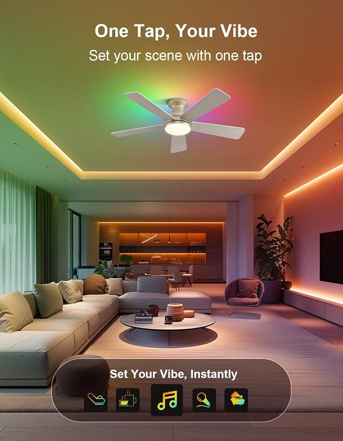 42 inch RGB Ceiling Fan with Light, Voice & App & Remote Control Low Profile Flush Mount Ceiling Fan,6 Speeds Silent Motor, 4-Color Temperature Dimmable for Home Office Party, Champagne Gold