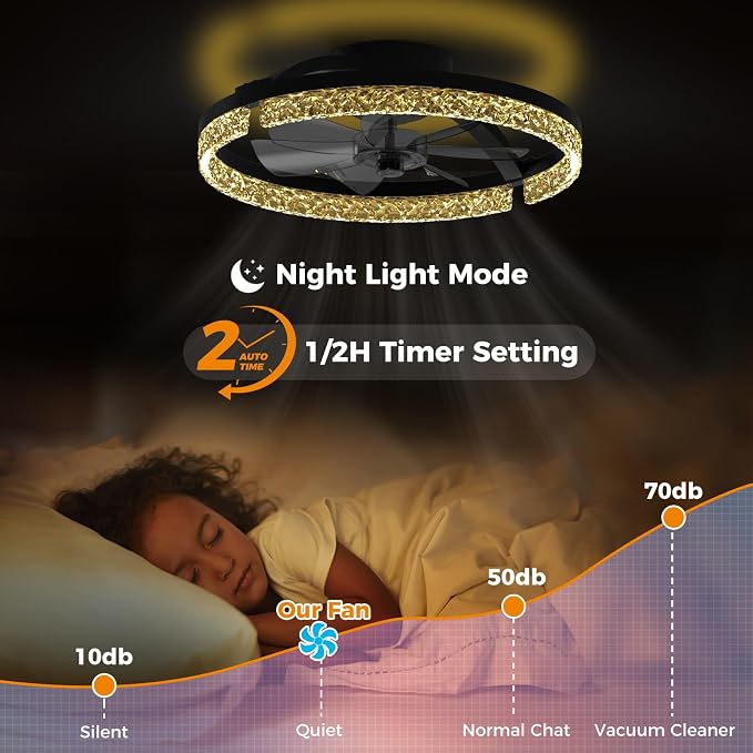 Ceiling Fans with Lights and Remote, Low Profile Ceiling Fan, Morden Flush Mount LED Fan Light, 3000K-6500K Dimmable for Bedroom, Kitchen, Living Room, Srystal, Black